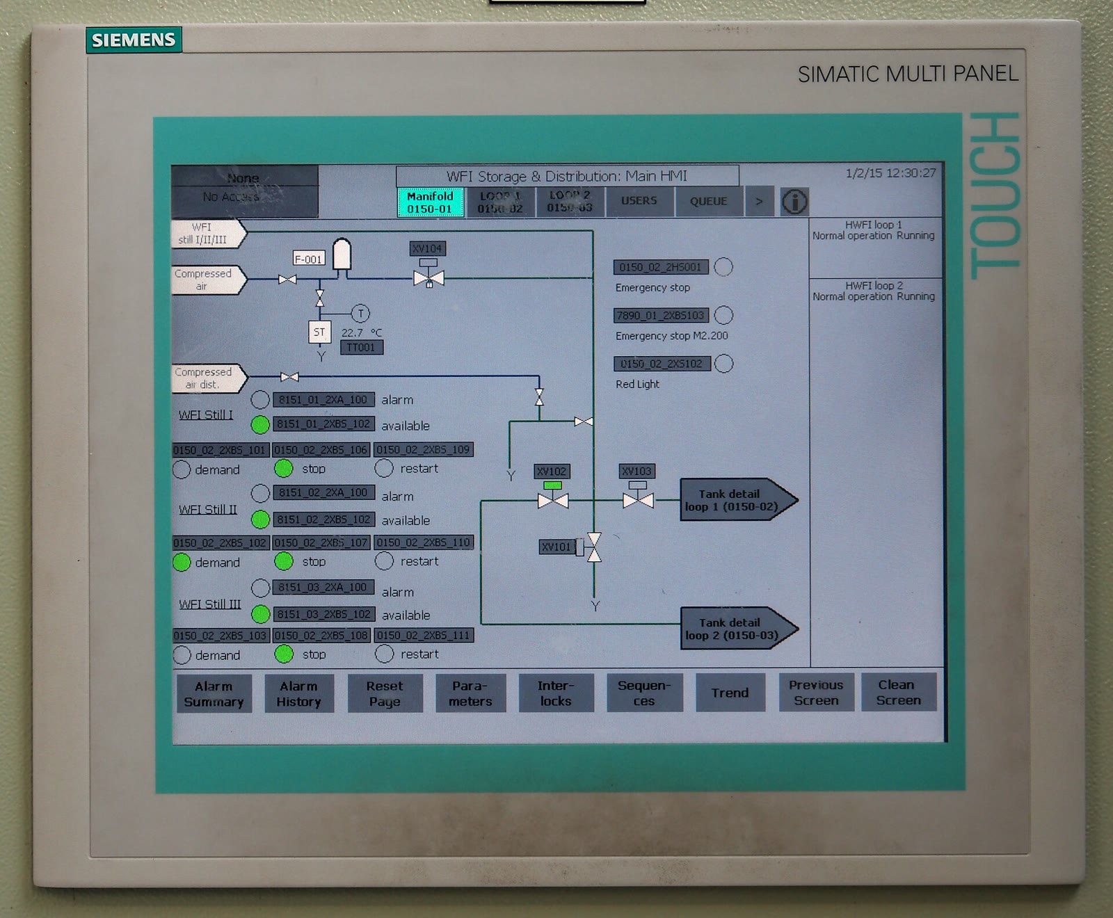 Siemens SIMATIC industrial touch panel displaying a process flow diagram