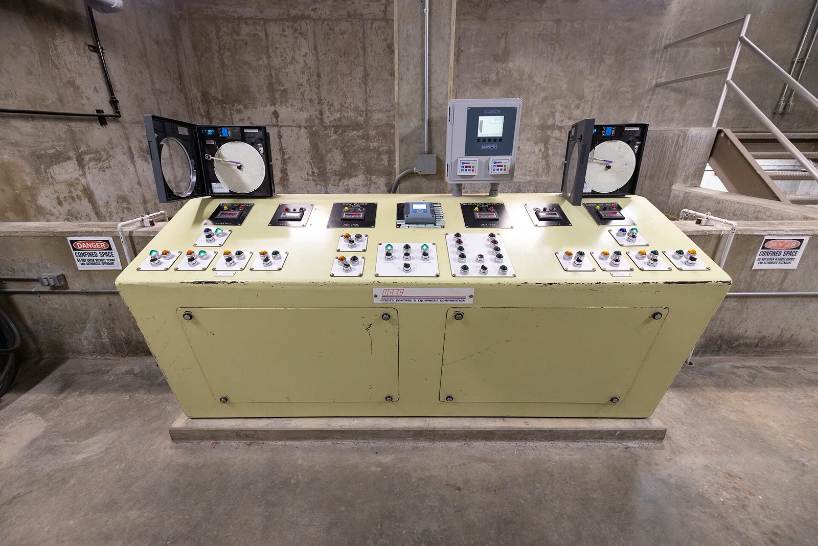 Grant Village water treatment plant control console with recorders, indicators, switches, and a digital instrument